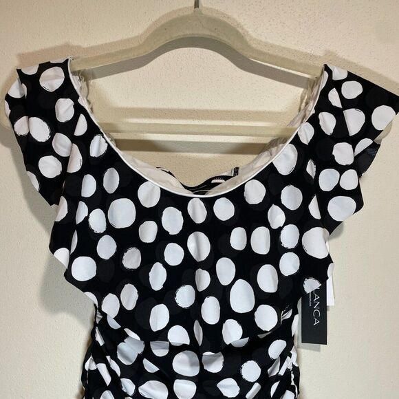 NEW La Blanca Size 6 Mod For Dot Polka Dot Ruffle One Piece Swimsuit Black White - Picture 4 of 15